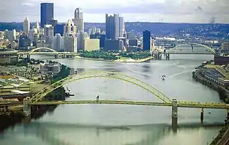 West End Bridge, built from 1930 to 1932, crosses the Ohio River and connects the West End to the Chateau neighborhood in the North Side of the city.