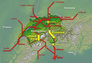 Rail map of Switzerland and surrounding countries