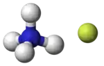 ball-and-stick model of an ammonium cation (left) and a fluoride anion (right)