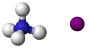 ball-and-stick model of an ammonium cation (left) and an iodide anion (right)