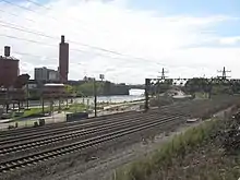 A view of the park from across the tracks