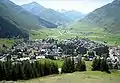 A view of Andermatt from Nätschen looking west through the Urseren towards Hospental in front below the Pizzo d'Orsino/Winterhorn (2661 m) and the Furka Pass (2429 m) in the back (August 2007)