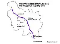 Map showing Andhra Pradesh Capital Region spread across Guntur and Krishna districts with the city of Amaravati on the banks of River Krishna