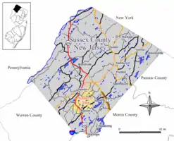 Map of Andover Township in Sussex County. Inset: Location of Sussex County highlighted in the State of New Jersey.