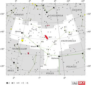 Diagram showing star positions and boundaries of the Andromeda constellation and its surroundings