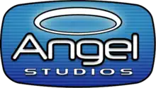 A halo and the words "Angel" and "Studios" in white and with black outlines are aligned vertically. They lay on an oval with gradationally darker shades of blue and a black outline.