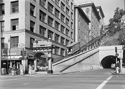 Low end view of the original Angels Flight with the 3rd Street Tunnel, 1960.