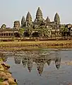 The five central towers of Angkor Wat, before a Hindu and later a Buddhist temple in Siem Reap, Cambodia, symbolize the peaks of Mount Meru