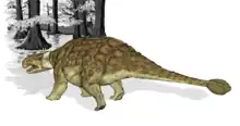 Semi-posterior view of Ankylosaurus, with tail club prominent