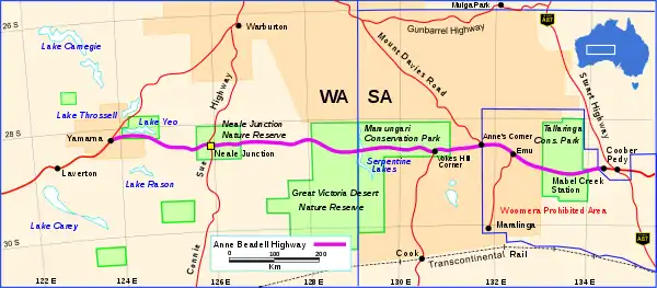 The Anne Beadell Highway (in purple). Map details as of 1972