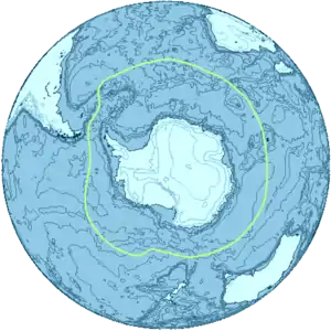 Map of Antarctica surrounded by a green line representing the Antarctic convergence