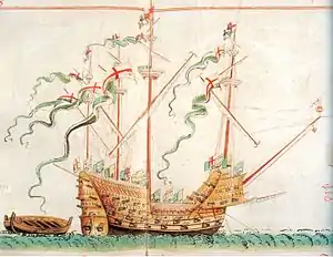 A colorful illustration shows a highly ornamented ship with four masts and bristling with guns sailing over a mild swell towards the right of the picture, towing a small boat