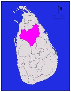 Area map of Anuradhapura District, located somewhat to the north of the centre of the country, in the North Central Province of Sri Lanka