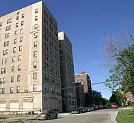 Apartment building (Wellington Place) at 59 Seward Avenue on the north side of New Center under renovation in 2017 for 91 senior apartments.