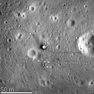 Lunar Reconnaissance Orbiter photo taken March 7, 2012. The Lunar Module descent stage, Laser Ranging RetroReflector, and Early Apollo Scientific Experiments Package can be clearly seen.  The craters Little West (at right) and Double (left of LM) are also shown.