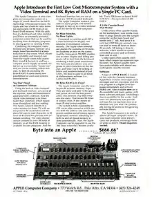 A 1976 advert for the Apple I computer, titled "Apple Introduces the First Low Cost Microcomputer System with a Video Terminal and 8K Bytes of RAM on a Single PC Card".