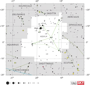 Diagram showing star positions and boundaries of the Aquila constellation and its surroundings