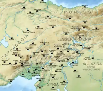 Geophysical map of eastern Asia Minor and northern Syria, showing the main fortresses during the Arab–Byzantine frontier wars