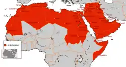 Map of northern Africa and the Middle East indicating the members of the Arab League.