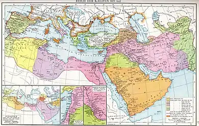 Multi-color map of the Mediterranean and the Middle East, showing the phases of Muslim expansion to the 10th century