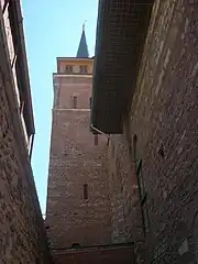 Another view of the minaret through the courtyard