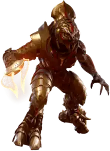 An alien warrior in a hunched position. Its feet end with two prominent claws, while its mouth is split into four parts lined with teeth. The alien is covered in shiny metal plates that overlap. In his hand he carries a glowing dual-tipped blade.a