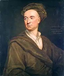 Chest high painted portrait of man wearing a brown robe and head covering