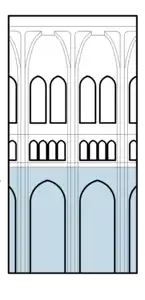 Interior elevation of a Gothic cathedral, with the side-aisle arcade highlighted. The triforium and clerestory above also have arcades.