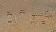 Map of Arcadia quadrangle with major features labeled.  Several large cracks called Fossae are in this area.