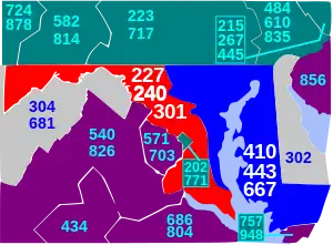 area codes 227, 240, and 301. These numbers are related to the main zip codes of Maryland.