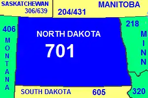 North Dakota numbering plan area and area code, with border states and provinces)