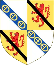 Arms of James, Earl of Rothes, Chief of Clan Leslie: Quarterly 1st and 4th Argent, on a bend azure  three buckles or (Leslie) 2nd and 3rd Or, a lion rampant gules over all a ribbon sable (Abernethy)