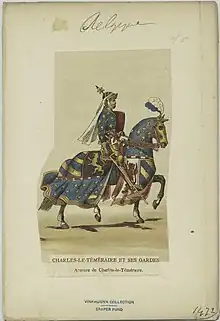 A knight mounting a horse, who has an adorned armour