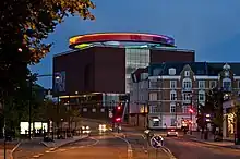 Nighttime view of the ARoS building.