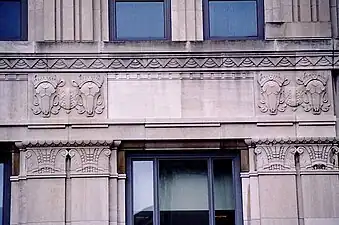 Art Deco styled bucranium on the Lincoln Bank Tower (East Berry Street no. 116), Fort Wayne, Indiana, USA, 1930, designed by Alvin M. Strauss