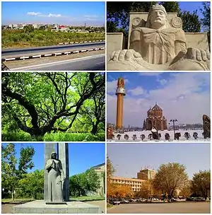 From top left:
View of Artashat • Statue of King Artaxias IApricot farms  • Surp Hovhannes ChurchWorld War II memorial • Downtown Artashat