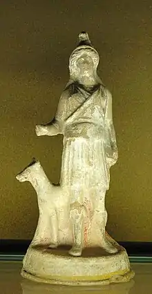 Bendis, Thracian goddess of the moon and the hunt, wearing a Phrygian cap. Tanagra-style terracotta figurine, c.  350 BC.