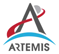An arrowhead combined with a depiction of a trans-lunar injection trajectory forms an "A", with an "Artemis" wordmark printed underneath