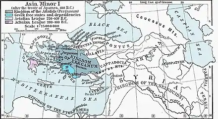 Map of the Diadochi successor states in 188 BCE.  By 167 BCE, the start of the revolt, the Antigonid Kingdom of Macedonia (independent in 188 BCE) had been shattered and mostly conquered by the Roman Republic.  The Kingdom of Pergamon, directly on the Seleucid border, was a close Roman ally.  Rhodes would become "permanent allies" of the Romans in 164 BCE.