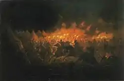 Horsemen holding torches in a camp of tents