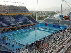 Interior view of the Athens Olympic Aquatic Centre taken from the stands.