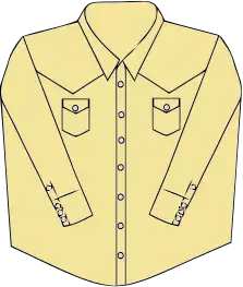 A typical western shirt has mother of pearl snap fasteners, two breast pockets, and a v-shaped motif.