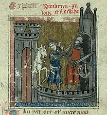 A colourful depiction of knights in a castle