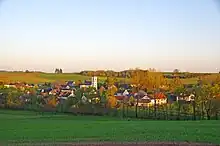 Image of a village surrounded by pastures flanked by rows of trees