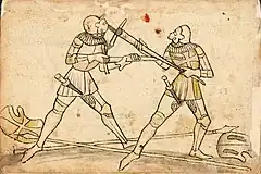 Armoured longsword combatants wearing roundel daggers as backup weapons (plate 214, Codex Wallerstein, 15th century)