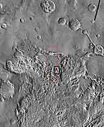 THEMIS image of wide view of following HiRISE images. Black box shows approximate location of HiRISE images. This image is just a part of the vast area known as Aureum Chaos. Click on image to see more details.