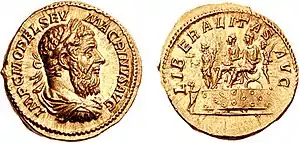 Aureus of Macrinus, with the emperor and his son sitting on curule chairs on the reverse