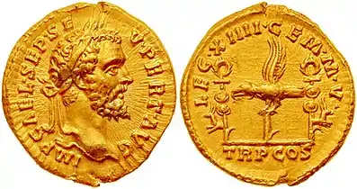 Aureus minted in 193 by Septimius Severus, to celebrate XIIII Gemina Martia Victrix, the legion that proclaimed him emperor. Legion emblem was the Capricorn.