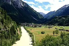 View of Innertkirchen from the river Aare