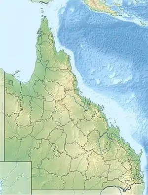 A map of Queensland, Australia with a mark indicating the location of Moreton Bay